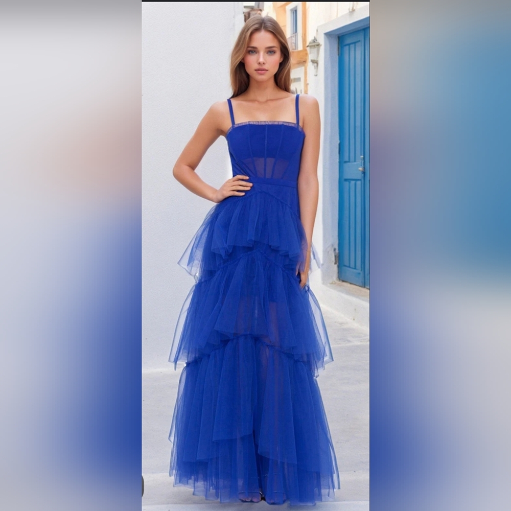 BETSY&ADAMS RUFFLE SRAIGHT NECK LONG TIERED  MESH With CORSET ROYAL BLUE SIZE 6